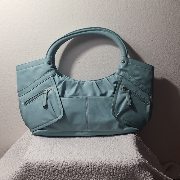 Unbranded Handbags - Y2K Blue Faux Leather Shoulder Bag | Slouchy Mini Tote w/ Zip Pockets
